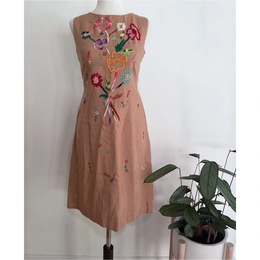 Vintage 60’s 70’s Hand Stitch Embroidery Floral Colorful Garden Sheath Tan Dress - Picture 2 of 15